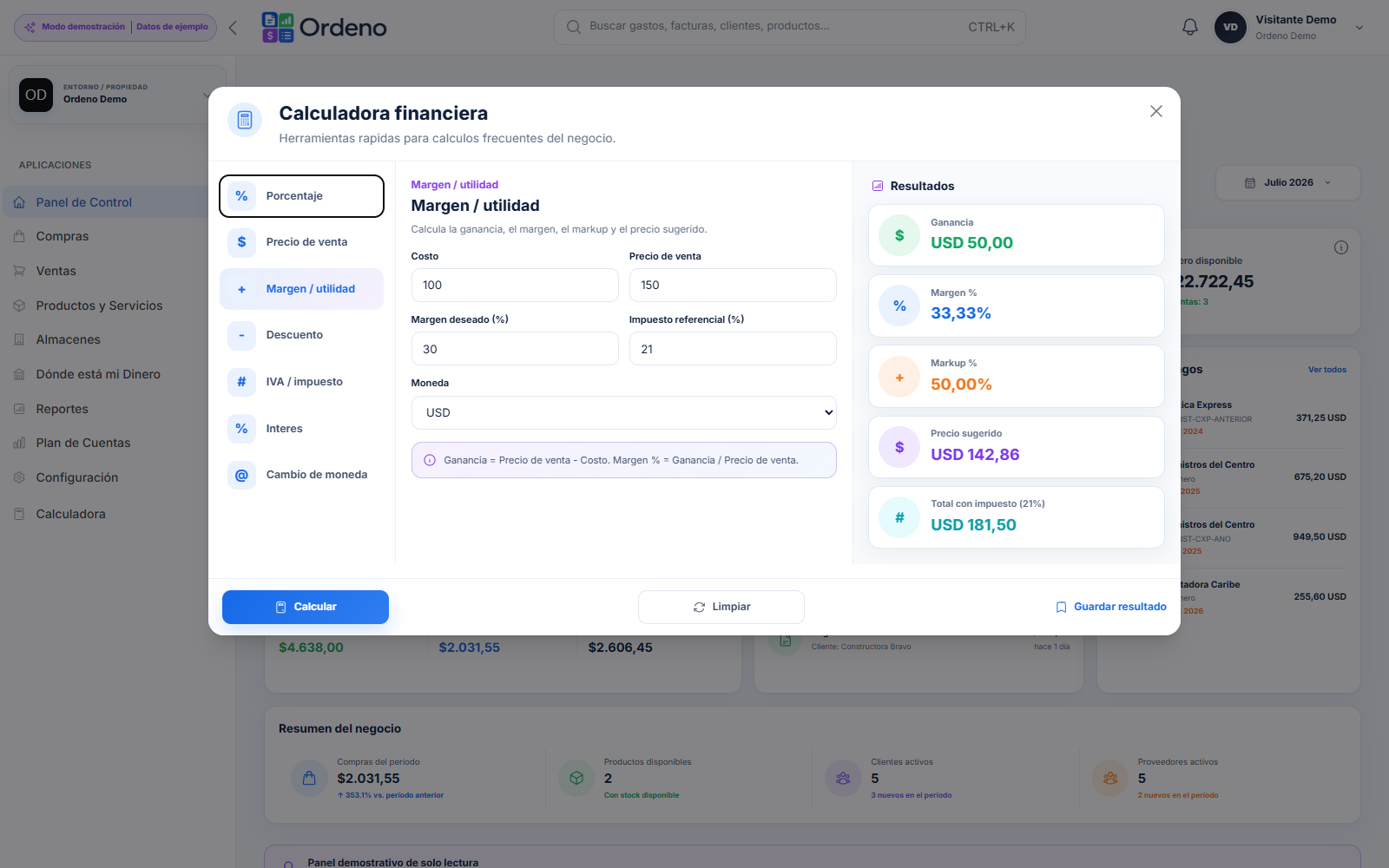 Calculadora financiera abierta sobre el dashboard de Ordeno