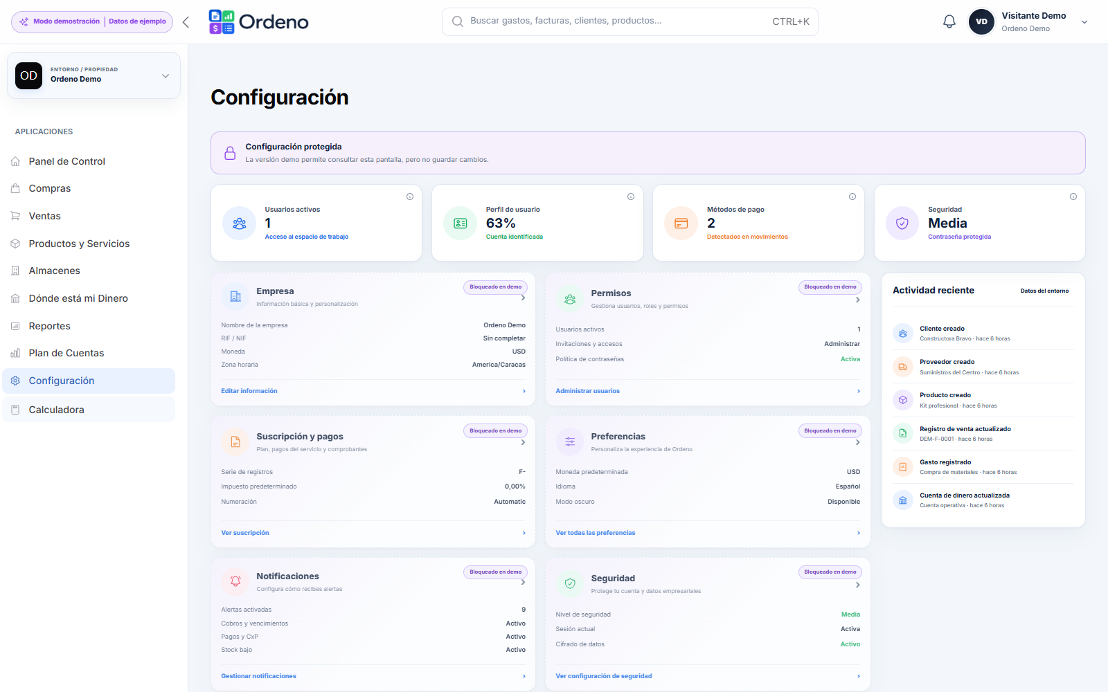 Pantalla real del módulo Configuración de Ordeno