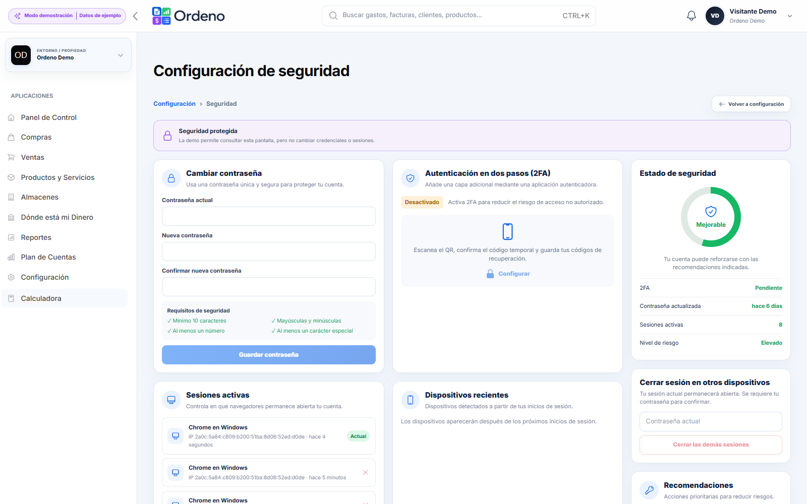 Pantalla real de Seguridad y Perfil de Ordeno